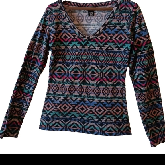 Wet seal aztec southwest multicolor pullover sweater v neck womens large - Picture 3 of 8